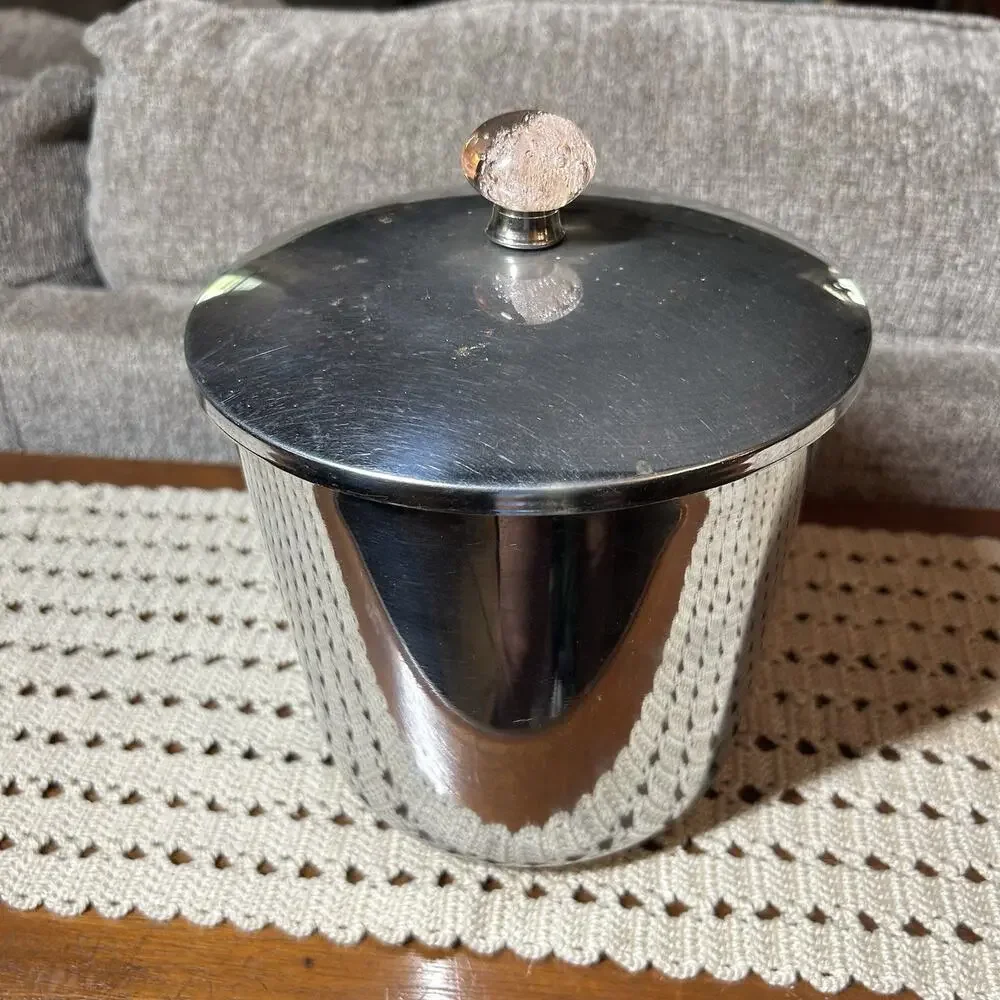 Vtg 50s EVEREDY Stainless Chrome COOKIE JAR Canister 9” Pink Glass Ball Knob
